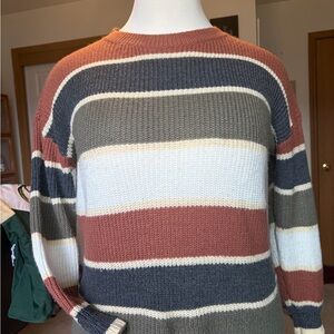 Striped Knit Pullover Sweater in Rust, Olive, Navy & Cream